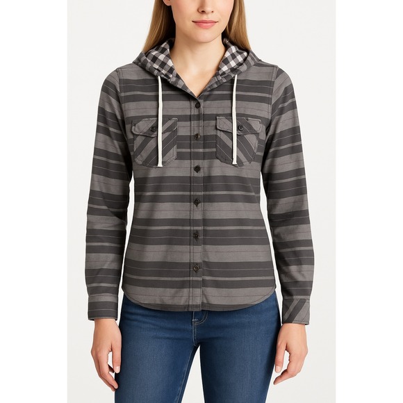 Columbia Tops - Columbia Womens Hooded Shirt Gray Striped Button Down‎ Top XS Casual
